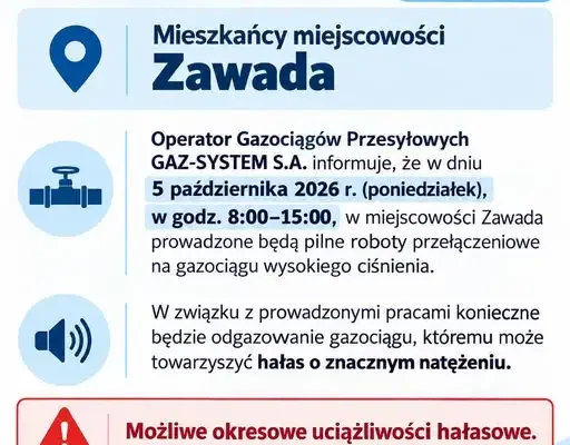 Zawada: hałas przy gazociągu wysokiego ciśnienia – pilne prace GAZ-SYSTEM