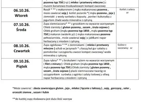 Jadłospis obiadowy w Szkole Podstawowej nr 5 w Dębicy na tydzień 5–9 października 2026