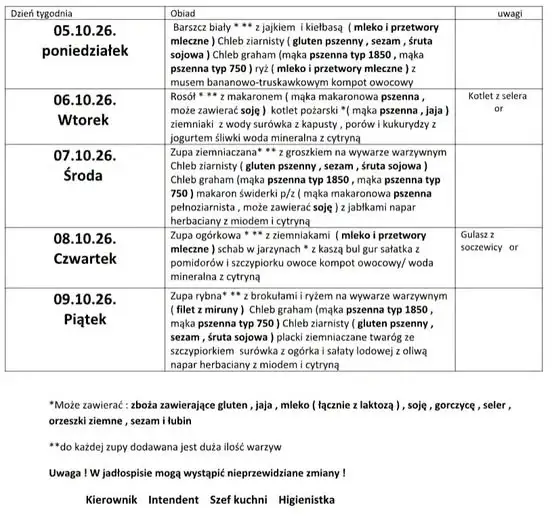 Jadłospis obiadowy w Szkole Podstawowej nr 5 w Dębicy na tydzień 5–9 października 2026