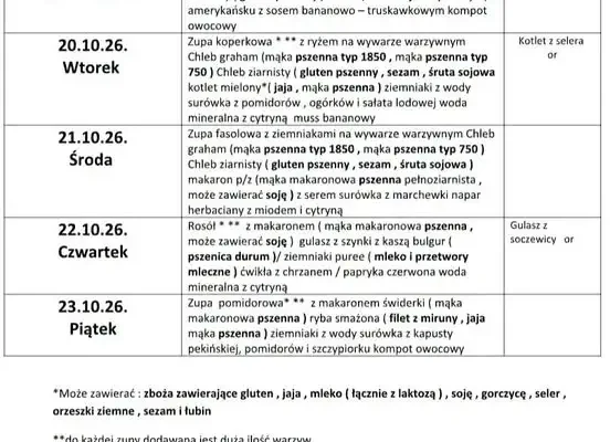 Jadłospis obiadowy w SP nr 5 w Dębicy: 19–23 października 2026