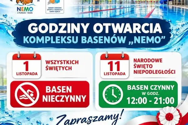 Basen NEMO w Pustkowie-Osiedlu: zmiany godzin w święta listopadowe