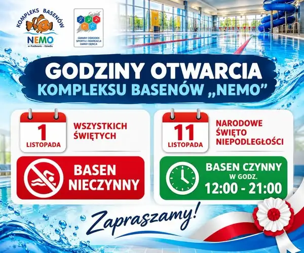 Basen NEMO w Pustkowie-Osiedlu: zmiany godzin w święta listopadowe