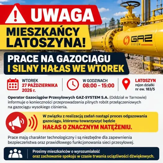 Silny hałas w Latoszynie. GAZ-SYSTEM ostrzega przed pracami na gazociągu