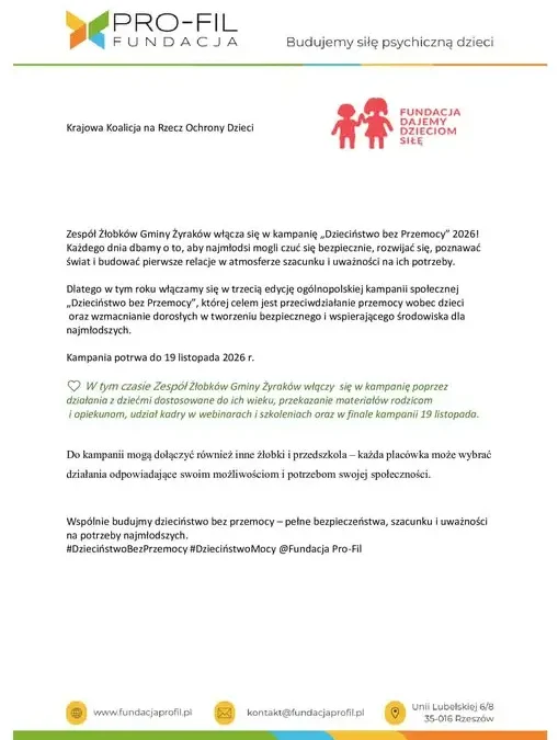 Żłobki z Gminy Żyraków dołączają do kampanii „Dzieciństwo bez Przemocy”