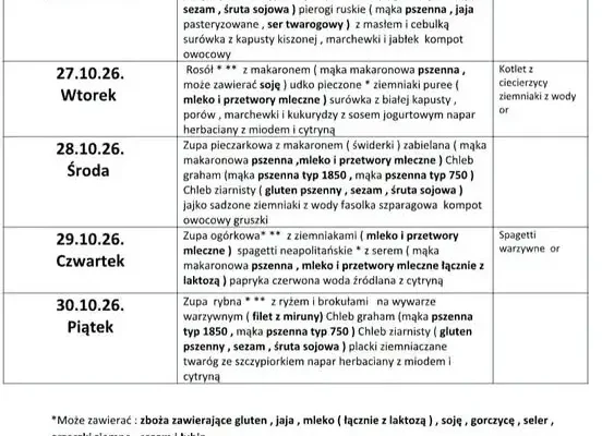 Jadłospis obiadowy w SP nr 5 w Dębicy (26–30 października 2026)